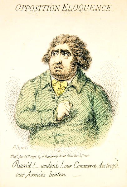 Opposition Eloquence, utgitt av Hannah Humphrey i 1795 (håndfarget gravering) (detalj fra 191281) av James Gillray