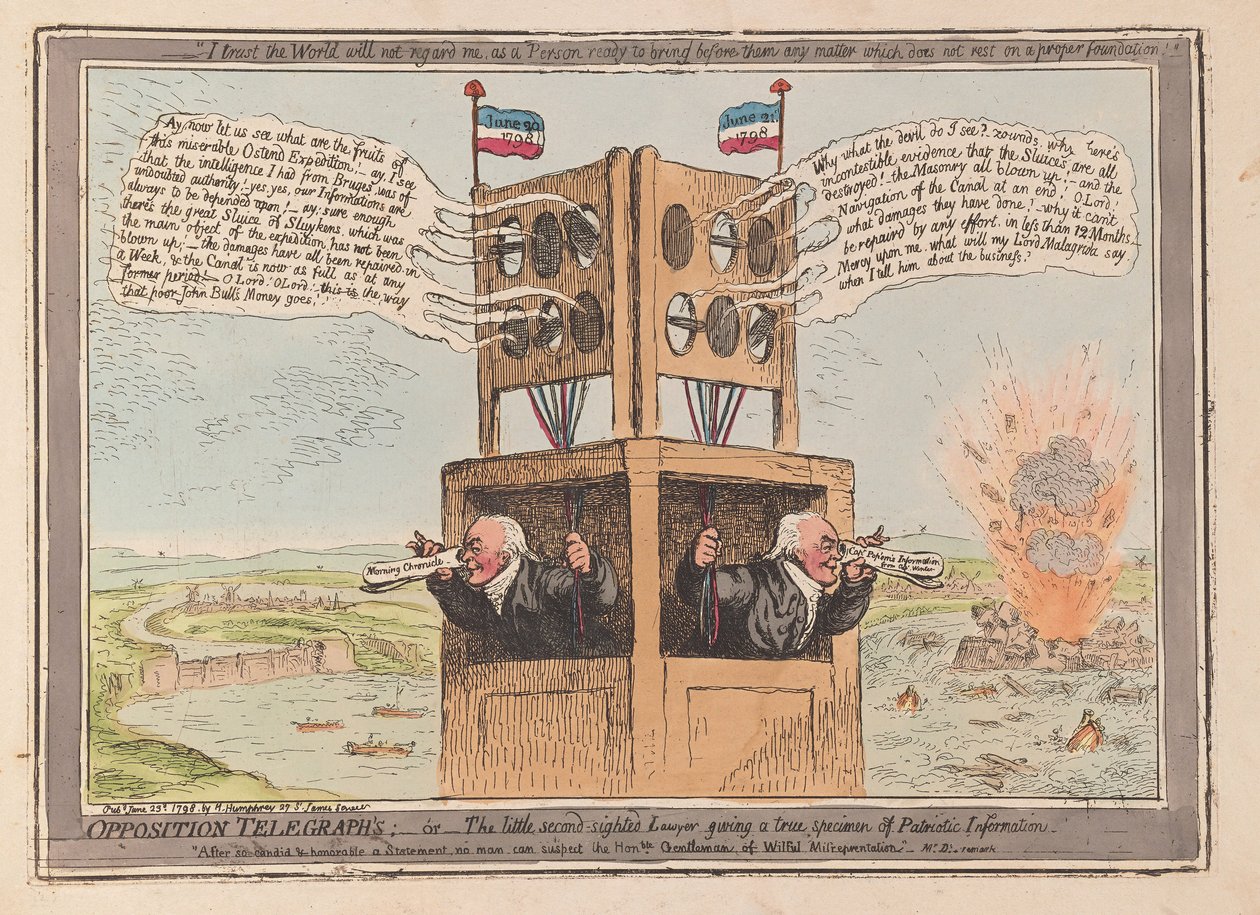 Opposition Telegraphs, eller den lille annensynte advokaten som gir et ekte eksemplar av Patriotic Information, pub. 1798 (håndfarget gravering) av James Gillray