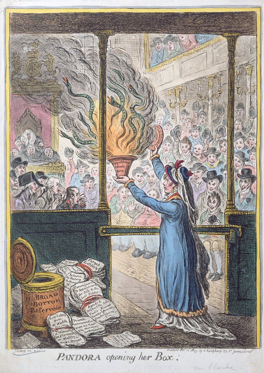 Pandora Opening her Box, utgitt av Hannah Humphrey, 1809 (håndfarget etsning) av James Gillray