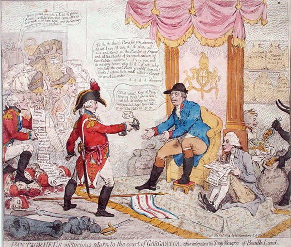Pantagruels seirende retur til hoffet i Gargantua etter å ha utryddet Soup-Meagres of Bouaille Land, utgitt av Hannah Humphrey i 1794 (håndfarget etsning) av James Gillray