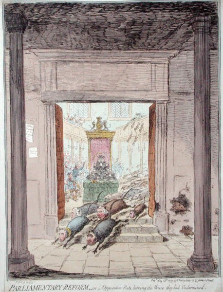 Parlamentarisk reform, eller opposisjonsrotter som forlater huset de hadde undergravd, utgitt av Hannah Humphrey i 1797 (håndfarget etsning) av James Gillray