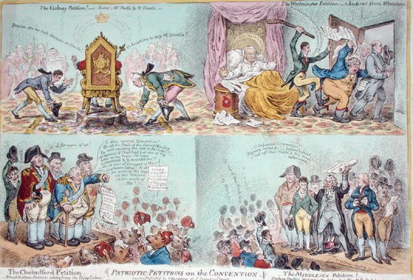 Patriotiske begjæringer om konvensjonen, utgitt av Hannah Humphrey (håndfarget etsning) av James Gillray