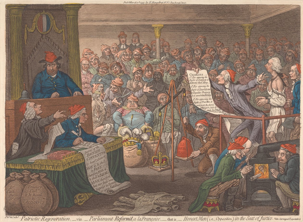 Patriotisk fornyelse, nemlig: Parlamentet reformert på fransk vis, det vil si: ærlige menn (dvs. opposisjonen) i rettferdighetens sete. Se forventningene til Carmagnolen av James Gillray