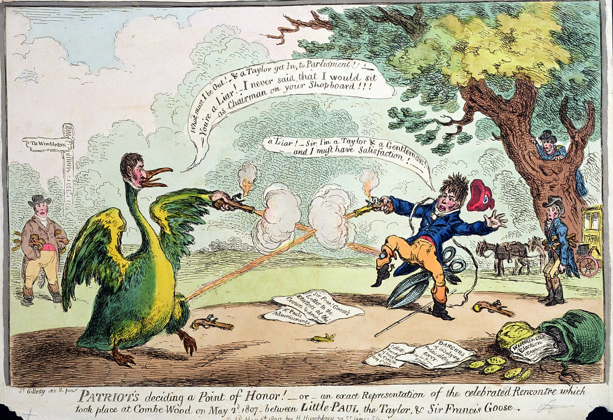 Patrioter bestemmer seg for et ærespunkt! eller En eksakt representasjon av Rencontre som fant sted i Coombe Wood 2. mai 1807 mellom Little Paul the Taylor og Sir Francis Goose, utgitt av Hannah av James Gillray
