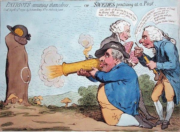Patrioter som morer seg, eller svensker som øver på en post, utgitt av Hannah Humphrey i 1792 (håndfarget etsning) av James Gillray