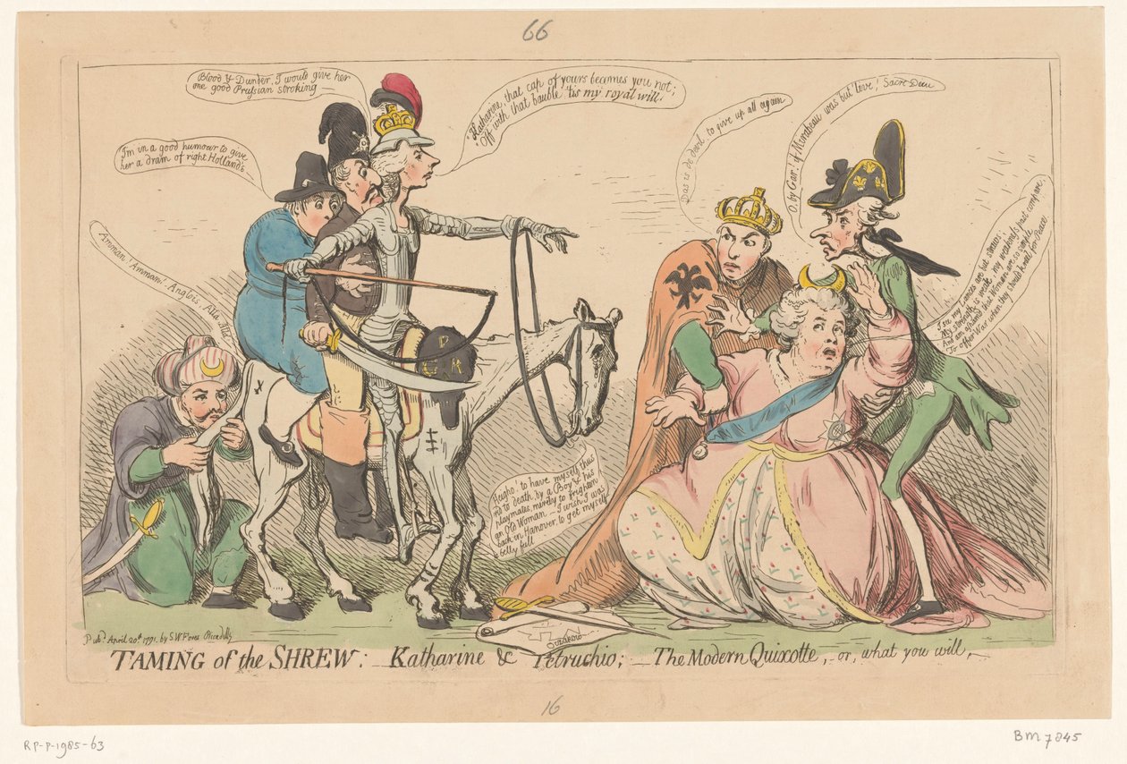 Pitt som Don Quixote skremmer Katarina den store, 1791 Taming of the shrew:- Katharine & Petruchio: - den moderne Quixotte, eller hva du vil (tittel på objekt) av James Gillray