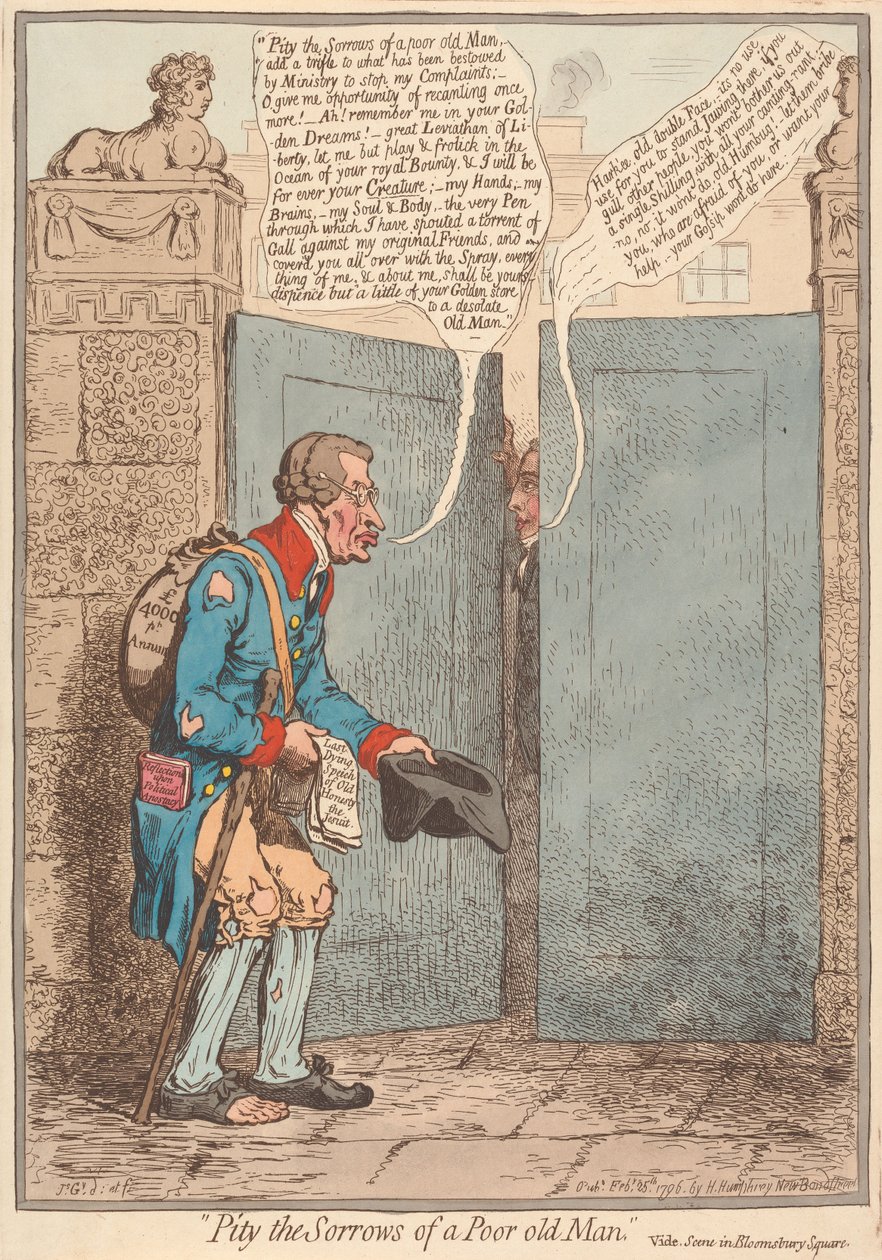 Ha medlidenhet med en fattig gammel manns sorger, se Scene på Bloomsbury Square av James Gillray