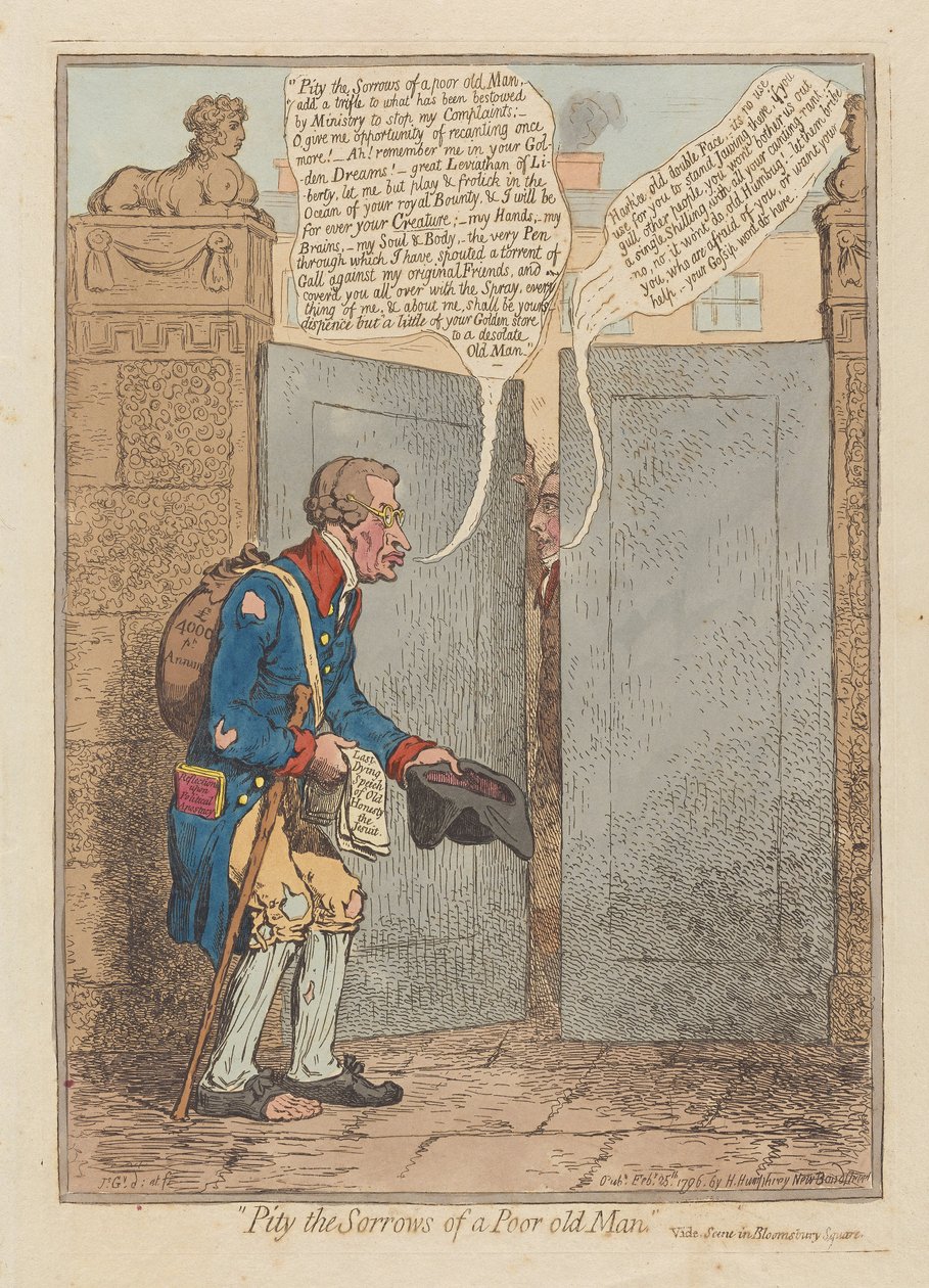Pity the Sorrows of a Poor Old Man, pub. 1796 (håndfarget gravering) av James Gillray