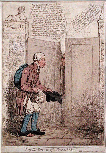 Pity the Sorrows of a Poor Old Man, utgitt av Hannah Humphrey i 1796 (håndfarget etsning) av James Gillray