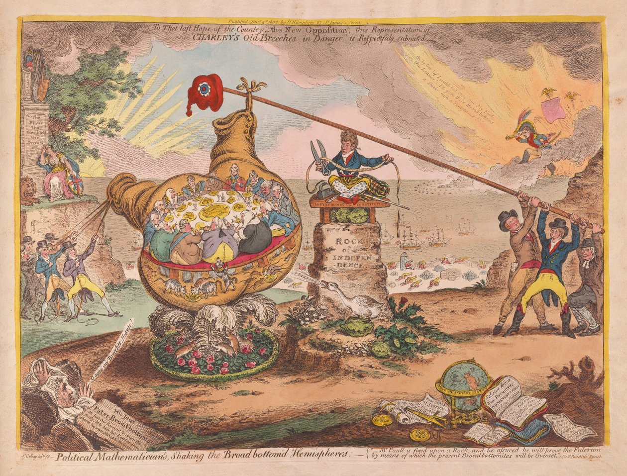 Politiske matematikere Shaking the Board-bunnet Hemispheres, pub. 1807 (håndfarget gravering) av James Gillray