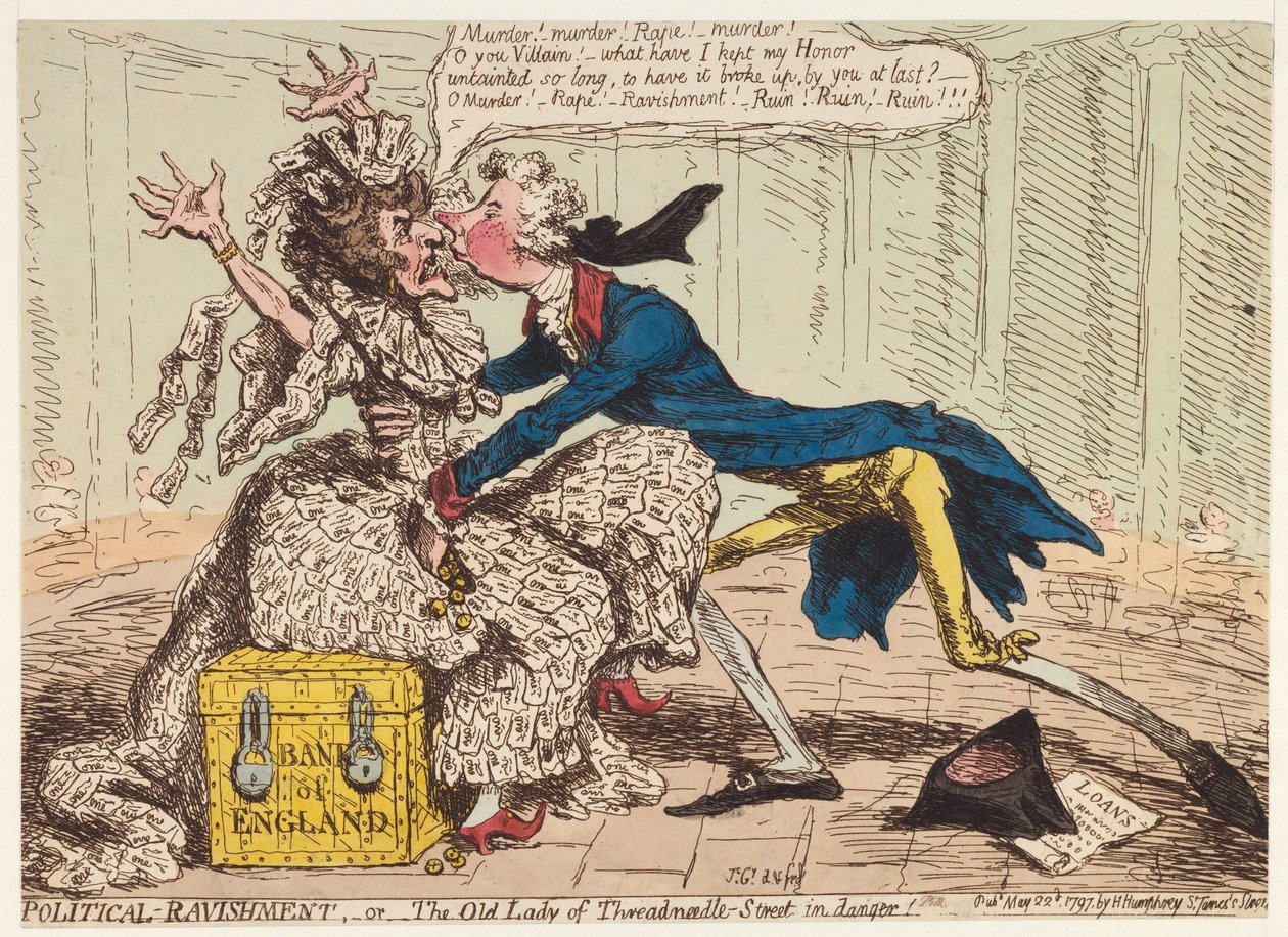 Politisk ravishment, eller den gamle damen fra Threadneedle Street i fare!, 1797 av James Gillray