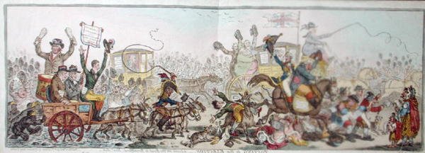 Posting to the Election: en scene på veien til Brentford, utgitt av Hannah Humphrey i 1806 (håndfarget etsning) av James Gillray