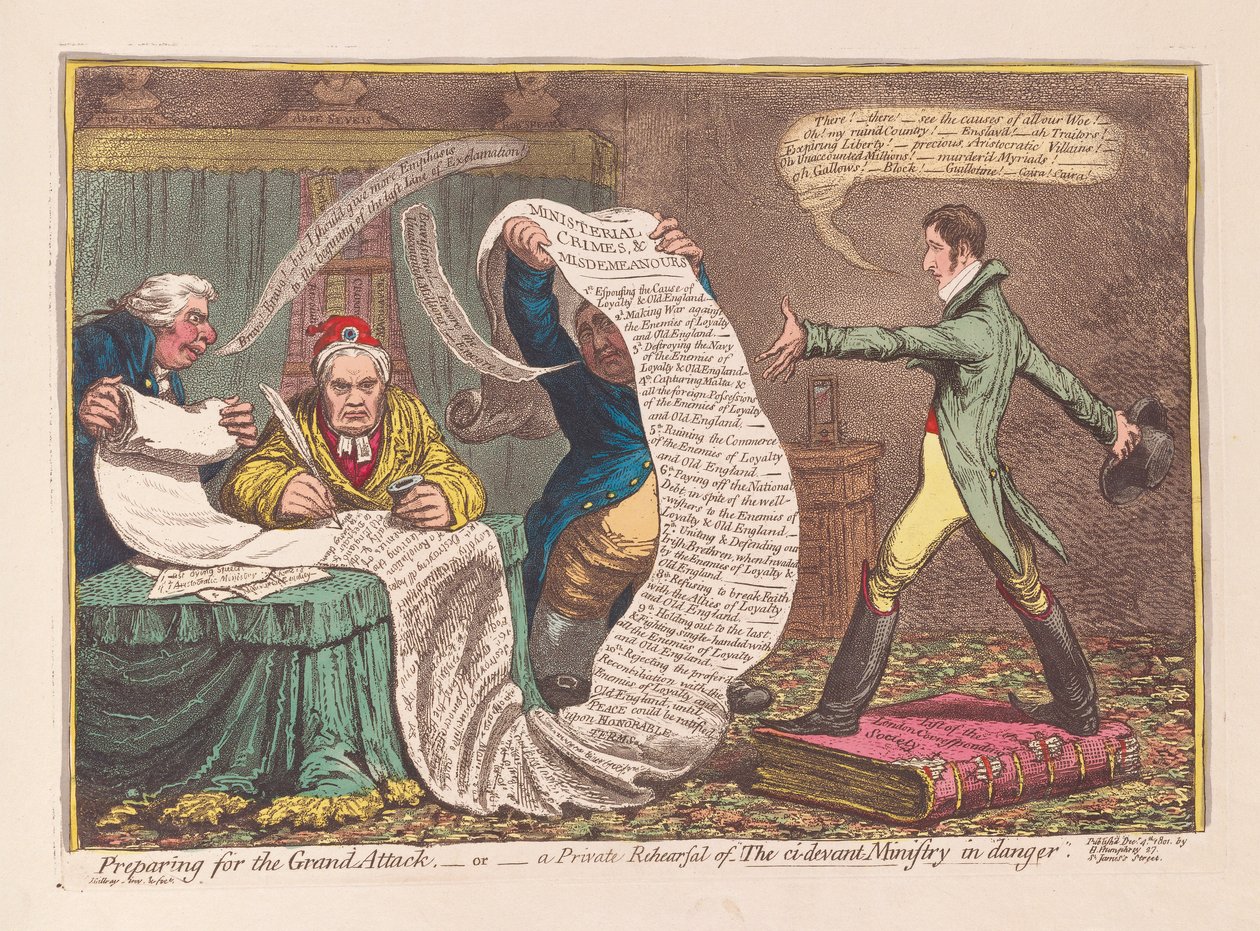 Forbereder for det store angrepet, eller en privat øving av The ci-devant Ministry in Danger, pub. 1801 (håndfarget gravering) av James Gillray