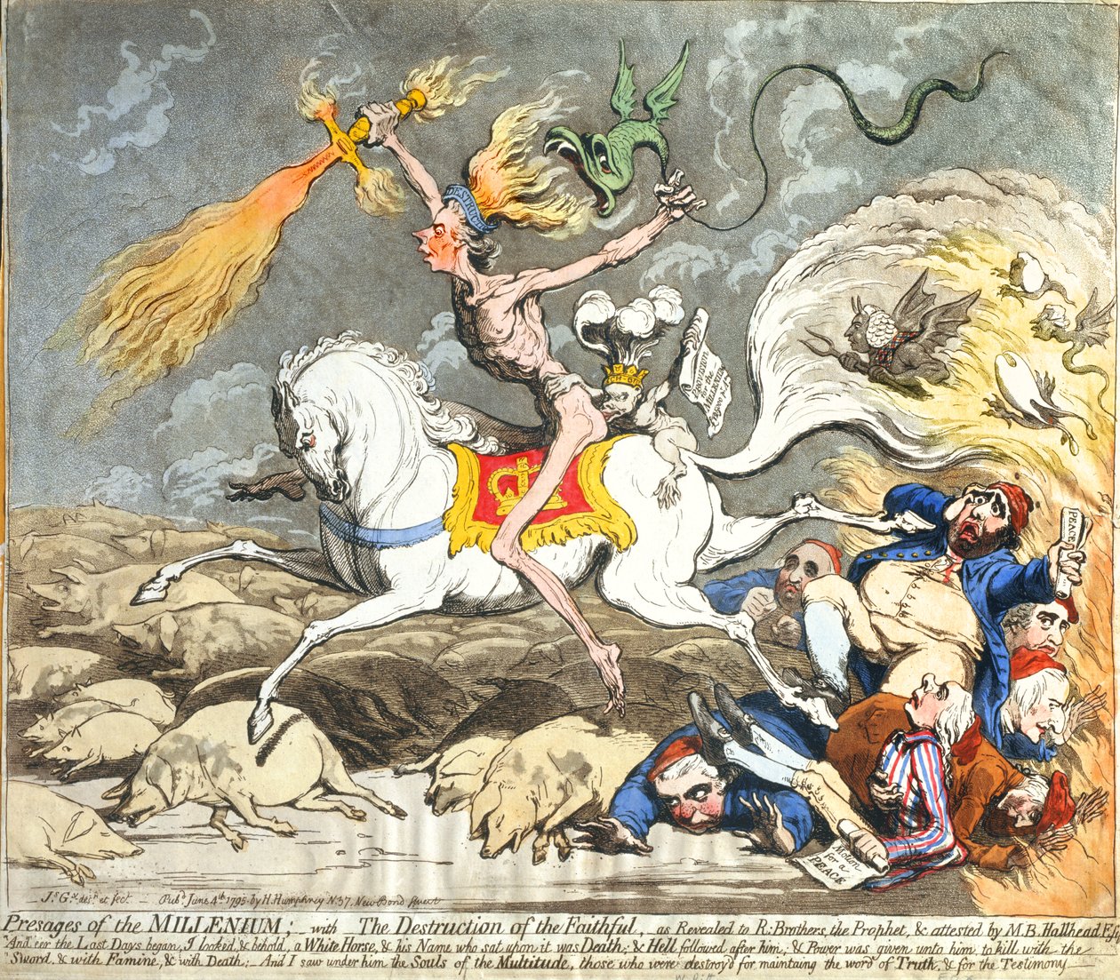 Presages of the Millennium, utgitt av Hannah Humphrey i 1795 (håndfarget etsning, gravering og aquatint) av James Gillray