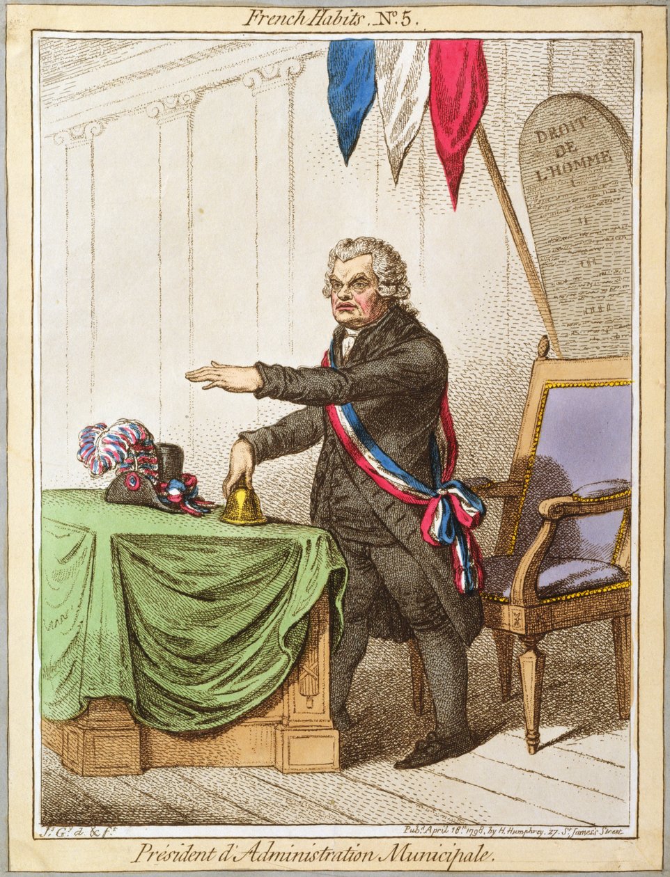 President dAdministration Municipale, plate 5 fra French Habits utgitt av Hannah Humphrey i 1798 (farget etsning) av James Gillray