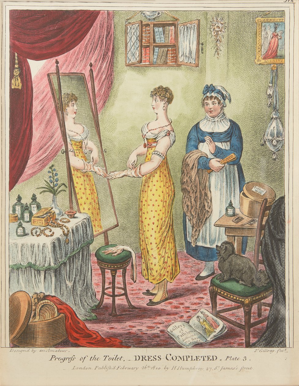Toalettets fremgang: Kjolen er ferdig, plate 3 av James Gillray
