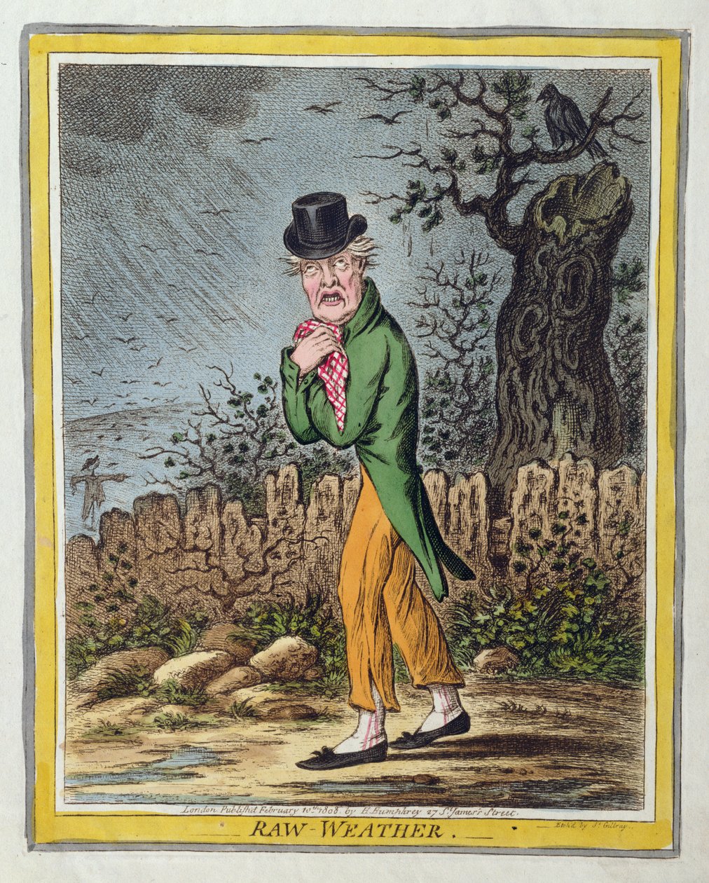 Raw Weather , utgitt av Hannah Humphrey i 1808 (håndfarget etsning) av James Gillray