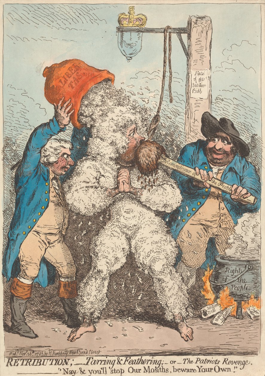 Gjengjeldelse - tjære og fjær - eller - Patriotenes hevn - «Nei, dere skal lukke munnen på oss, pass på deres egen» av James Gillray