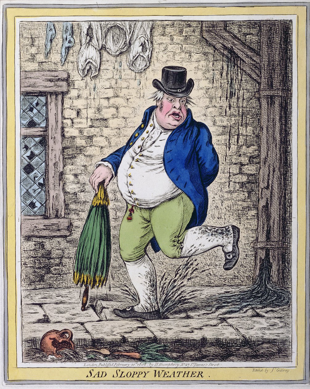 Sad Sloppy Weather, utgitt av Hannah Humphrey i 1808 (håndfarget etsning) av James Gillray