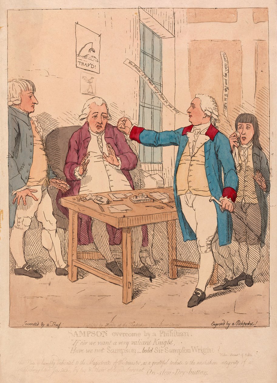 Sampson overvunnet av en filistner, pub. 1782 (håndfarget gravering) av James Gillray