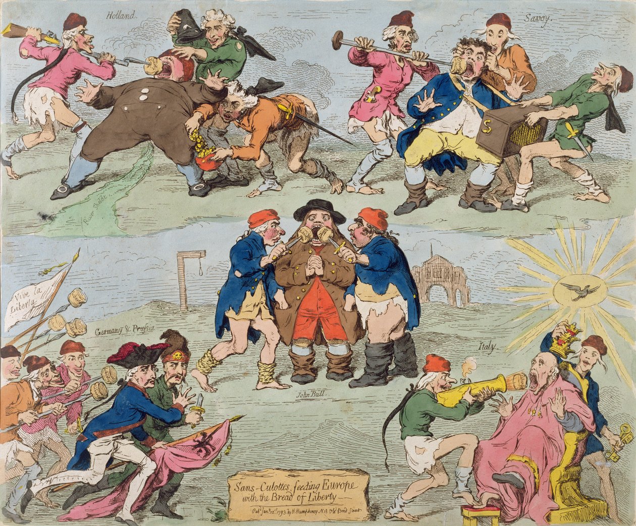 Sans-Culottes Feeding Europe with the Bread of Liberty, utgitt av Hannah Humphrey i 1793 (håndfarget etsning) av James Gillray