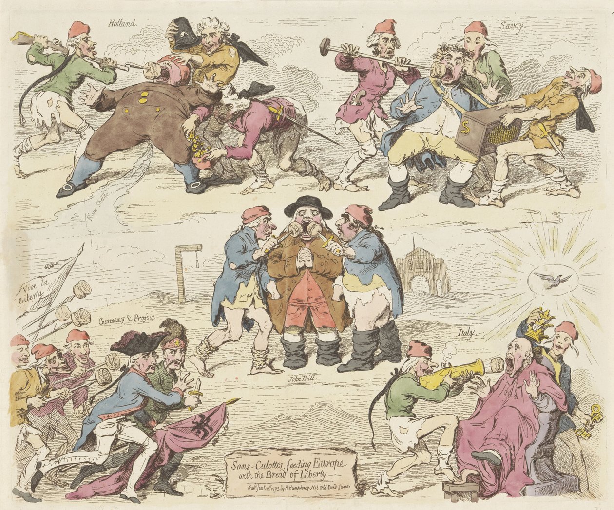 Sans-culottes mater Europa med frihetens brød, 1793 Sans-culottes, mater Europa med Bread of Liberty (tittel på objekt) av James Gillray