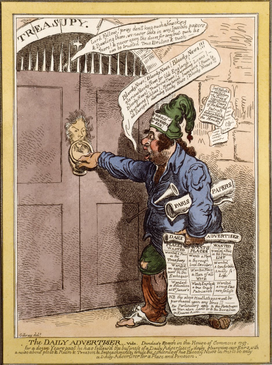 Satirisk tegneserie i Daily Advertiser angående Dundas tale i Underhuset, 1797 av James Gillray