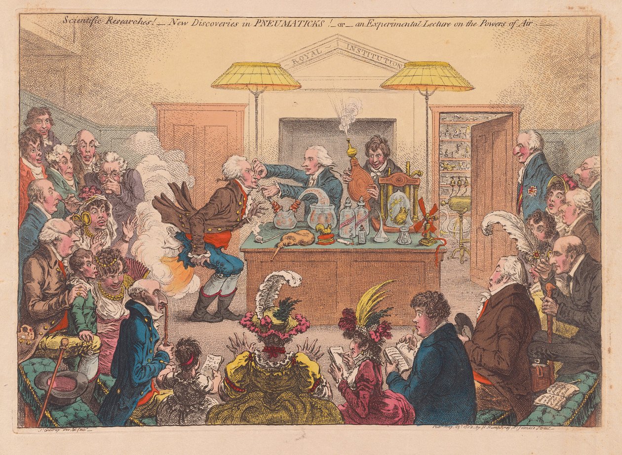 Vitenskapelige undersøkelser! Nye funn i Pneumaticks! Eller en eksperimentell forelesning om Powers osf Air, pub. 1802 (håndfarget gravering) av James Gillray