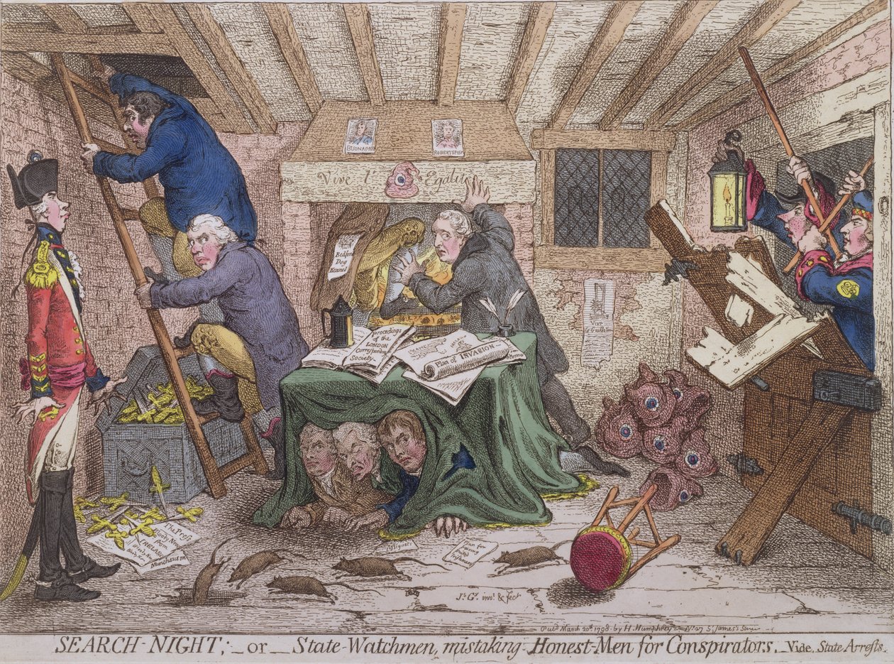 Search Night, or The State Watchmen Mistaking Honest-men for Conspirators, utgitt av Hannah Humphrey i 1798 (håndfarget etsning) av James Gillray
