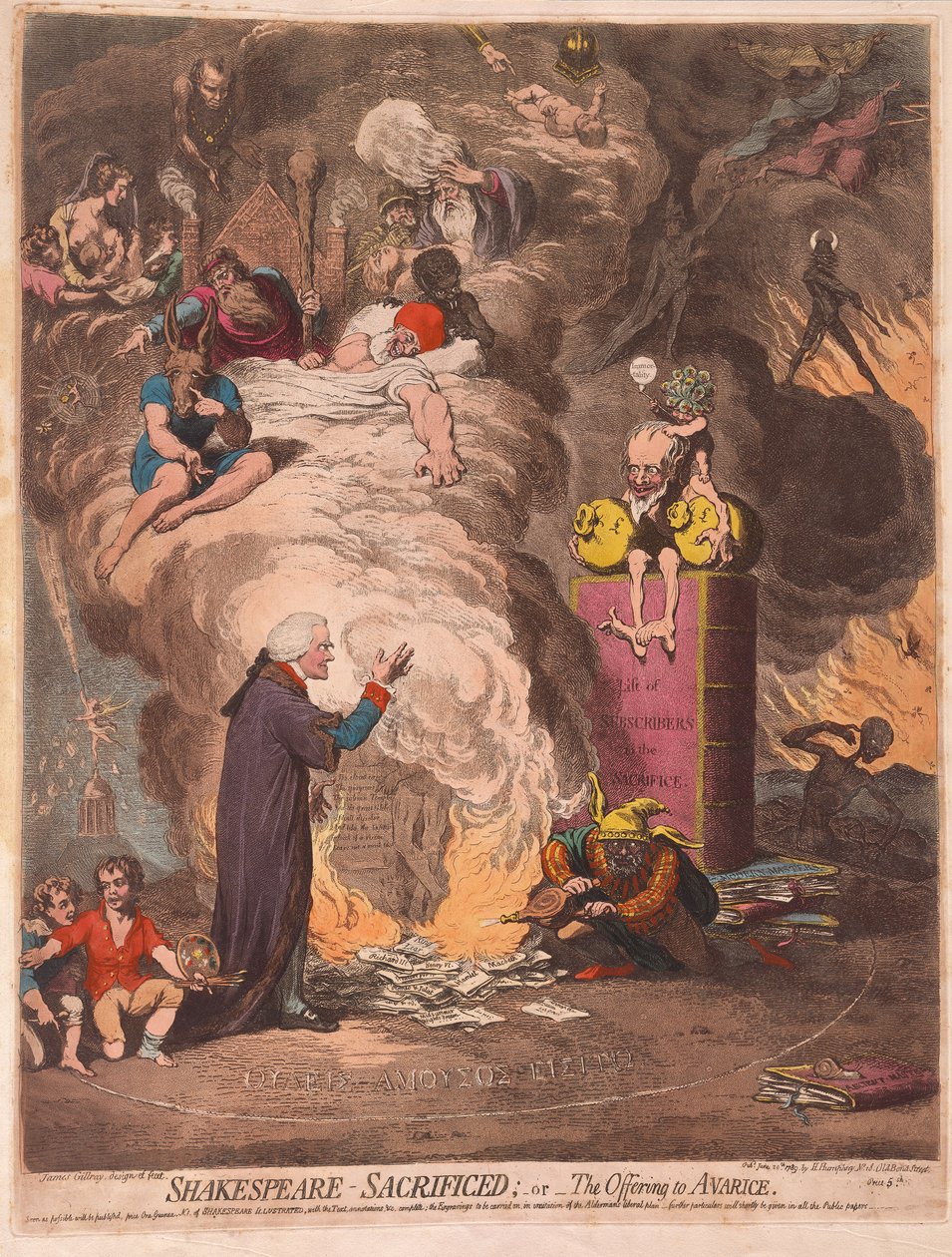 Shakespeare ofret eller Offering of Avarice, pub. 1789 (håndfarget gravering) av James Gillray