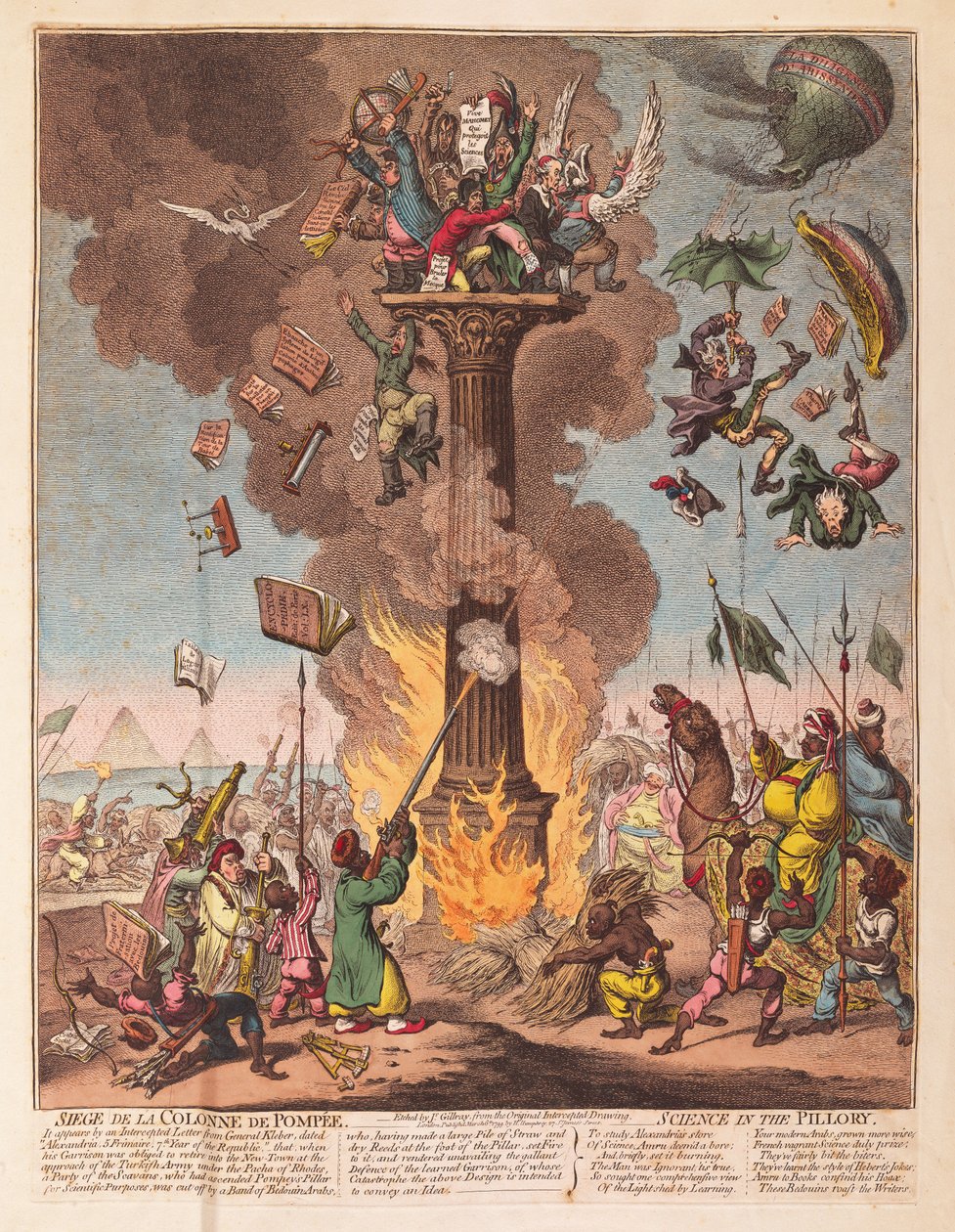 Siege de la Colonne de Pompee, Science in the Pillory, pub. 1799 (håndfarget gravering) av James Gillray