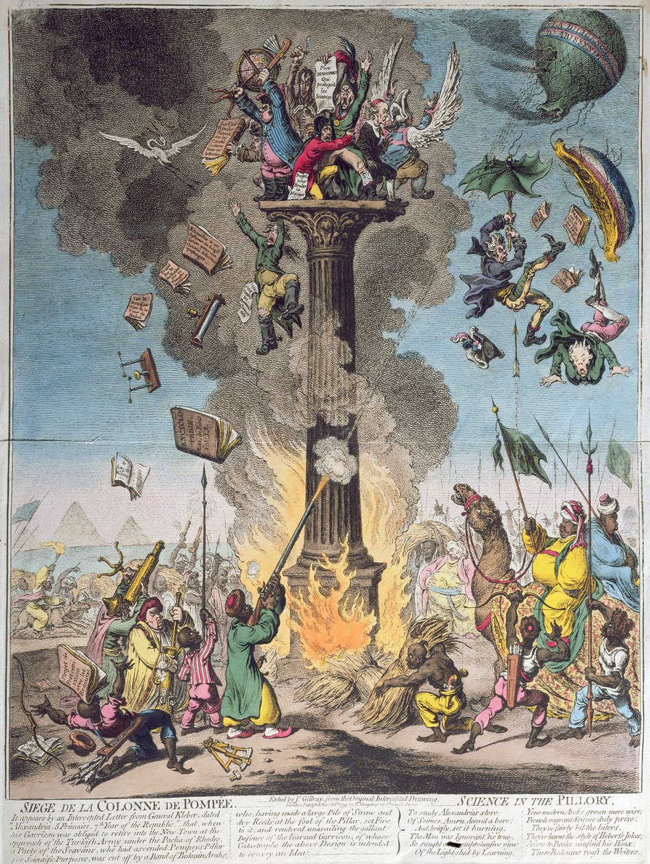 Siege de la Colonne de Pompee, eller Science in the Pillory, utgitt av H. Humphrey i 1799 (etsing, gravering og wc) av James Gillray