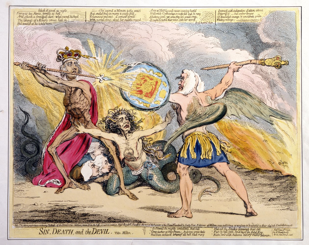 Sin, Death, and the Devil, utgitt av Hannah Humphrey i 1792 (håndfarget etsning) av James Gillray