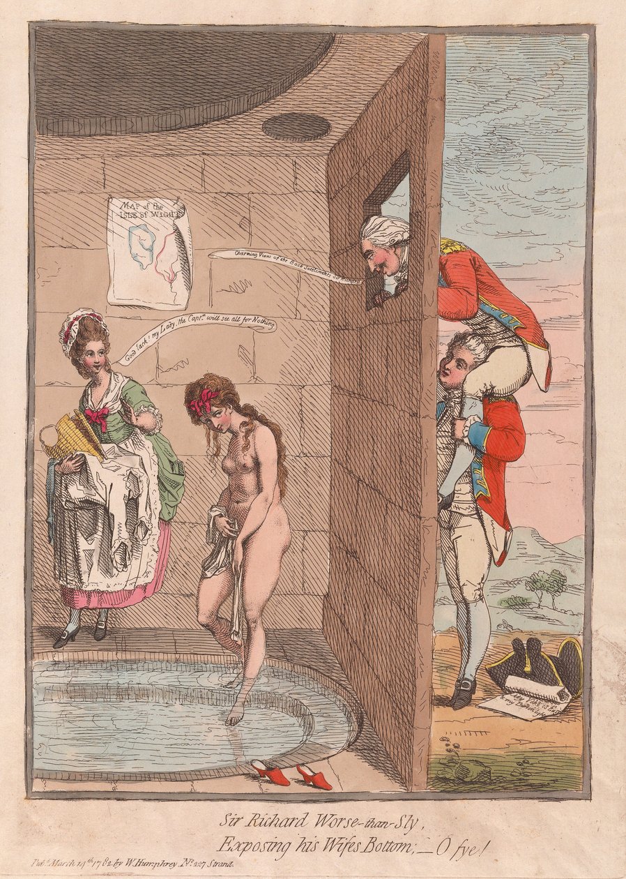 Sir Richard Worse-than-Sly, Exposing his Wifes Bottom - O fye!, pub. 1782 (håndfarget gravering) av James Gillray