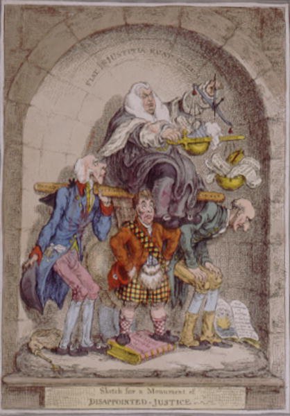 Sketch for a Monument of Disappointed Justice, utgitt av Hannah Humphrey i 1806 (håndfarget etsning) av James Gillray