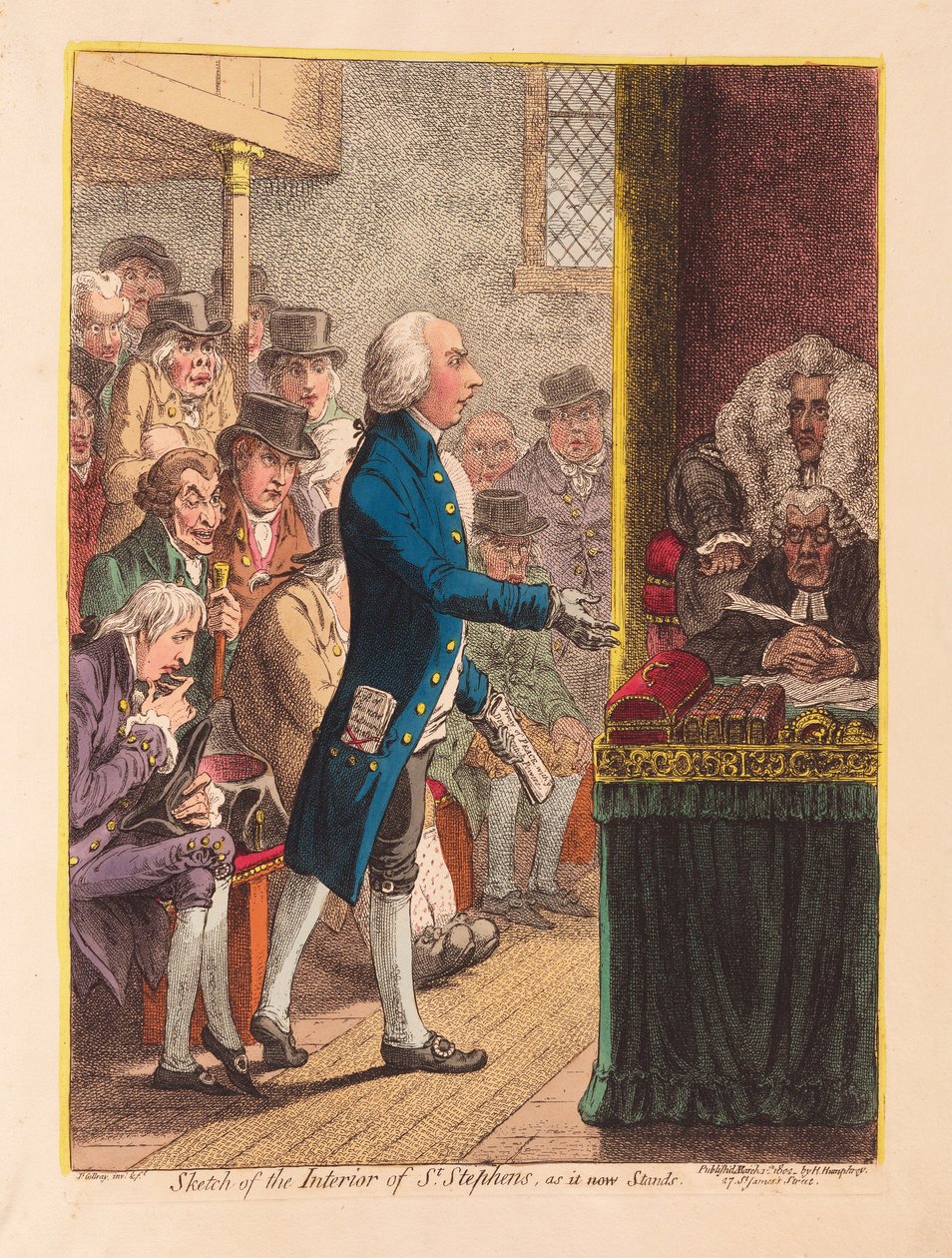 Skisse av interiøret til St Stephens, slik det nå står, pub. 1802 (håndfarget gravering) av James Gillray