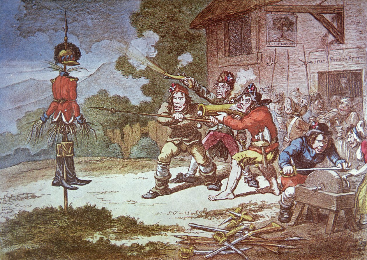 Society of United Irishmen i trening mot den britiske hæren av James Gillray