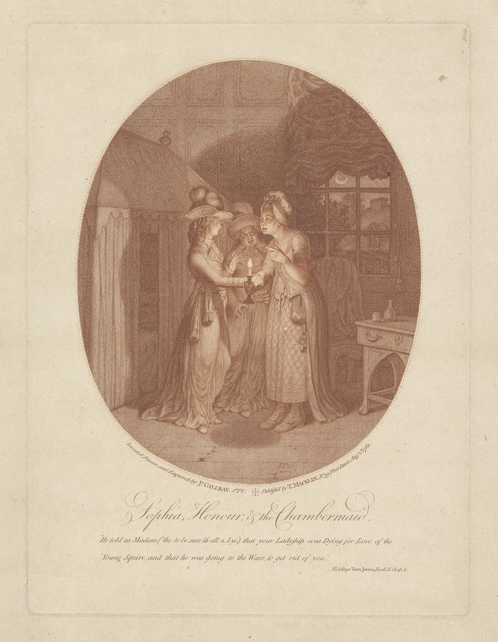 Sophia, Honour, and the Chambermaid, scene fra Tom Jones av Henry Fielding (1707-54) (stippgravering) av James Gillray