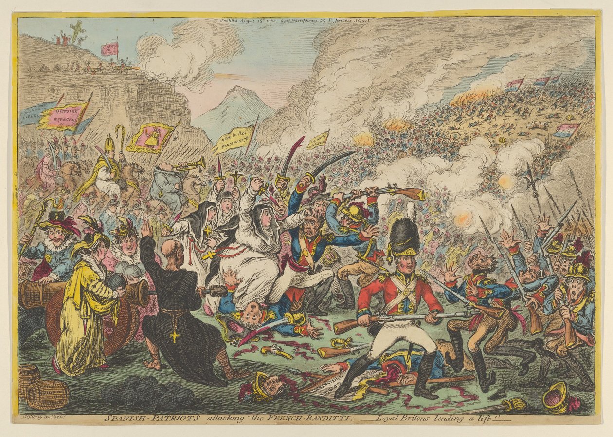 Spansk-patrioter som angriper de fransk-Banditti-lojale britene Lending a Lift, A..., 15. august 1808. av James Gillray