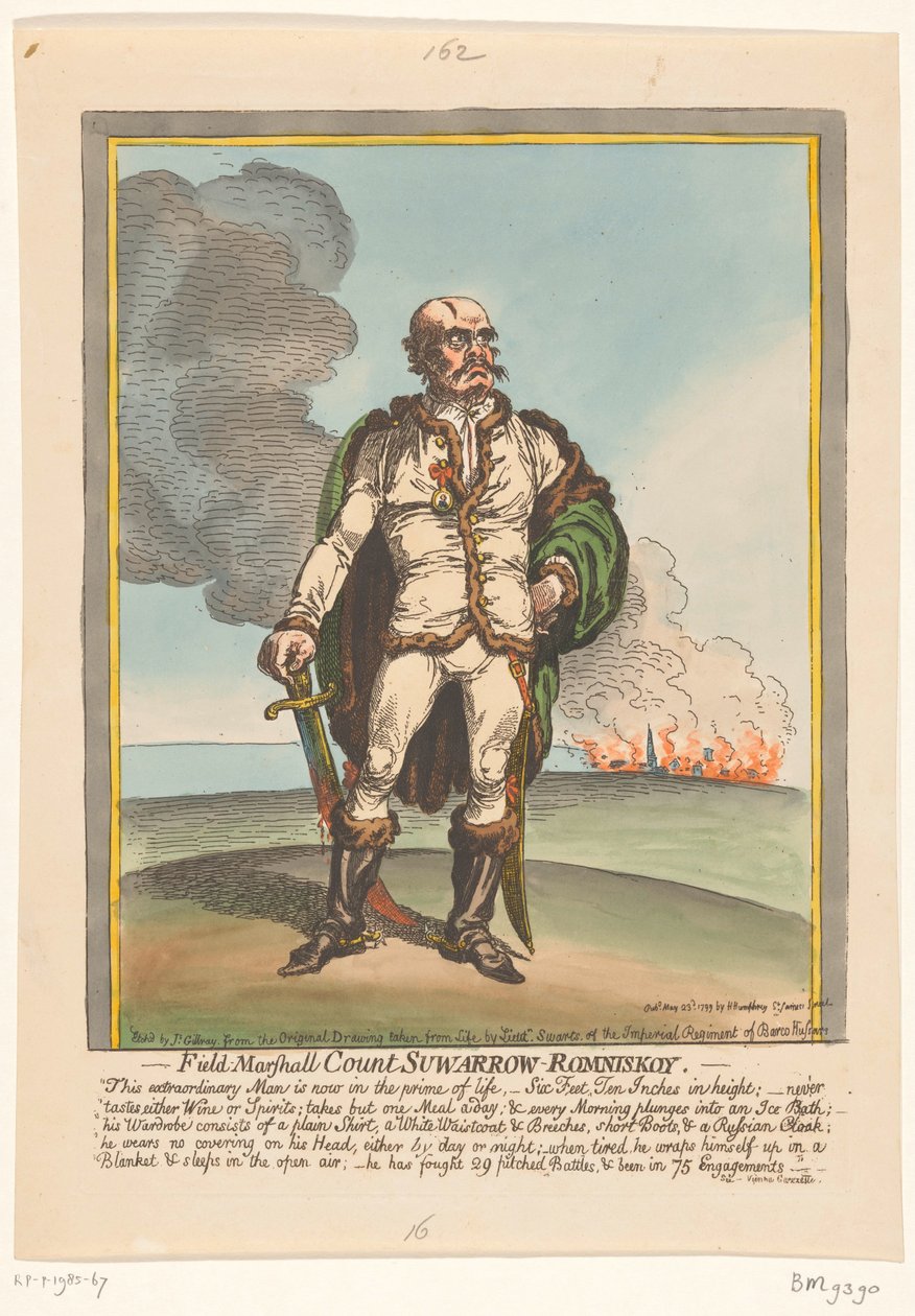 Tegneserie om Aleksandr Suvorov, 1799 Feltmarskalk grev Suwarrow-Romniskoy (tittel på objekt) av James Gillray
