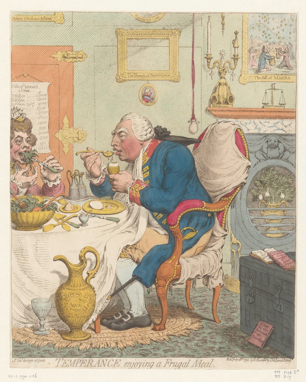 Spotprent på George III, 1792 Måtehold som nyter et nøysomt måltid (tittel på objekt) av James Gillray