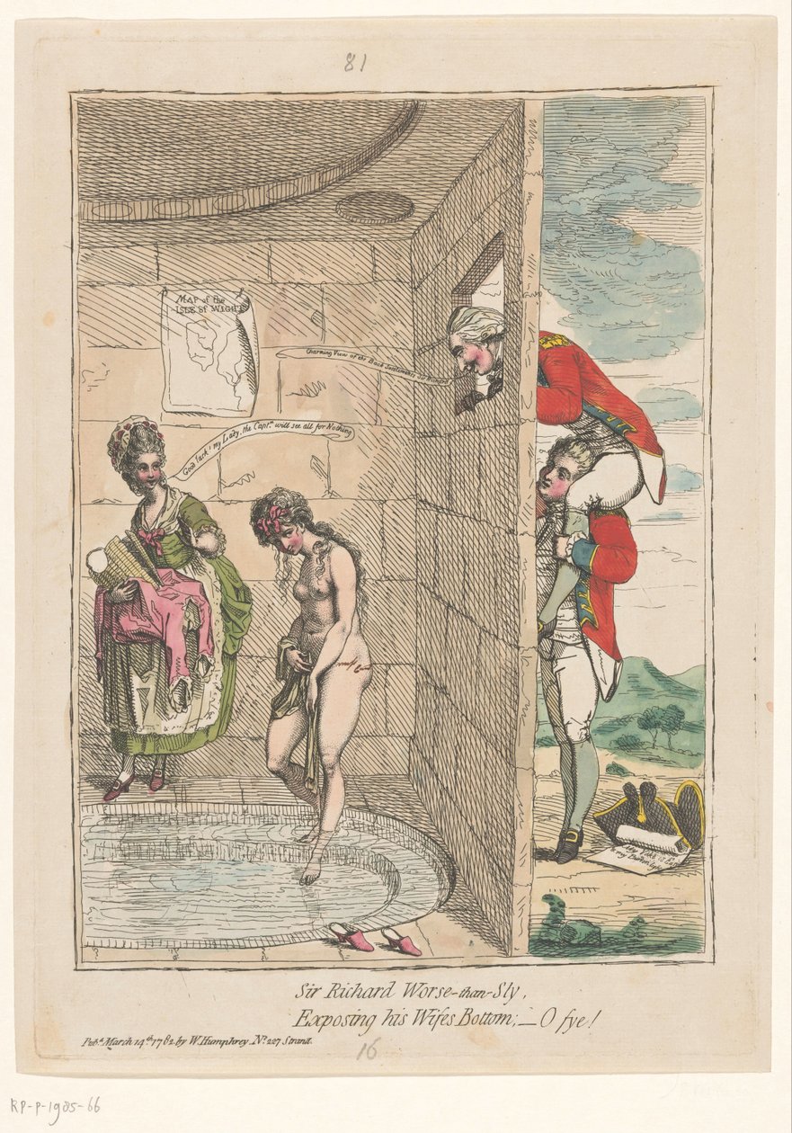 Spotprent av Sir Richard Worsley Sir Richard verre enn slu, avslører sin kones bunn; -å fy! (tittel på objekt) av James Gillray