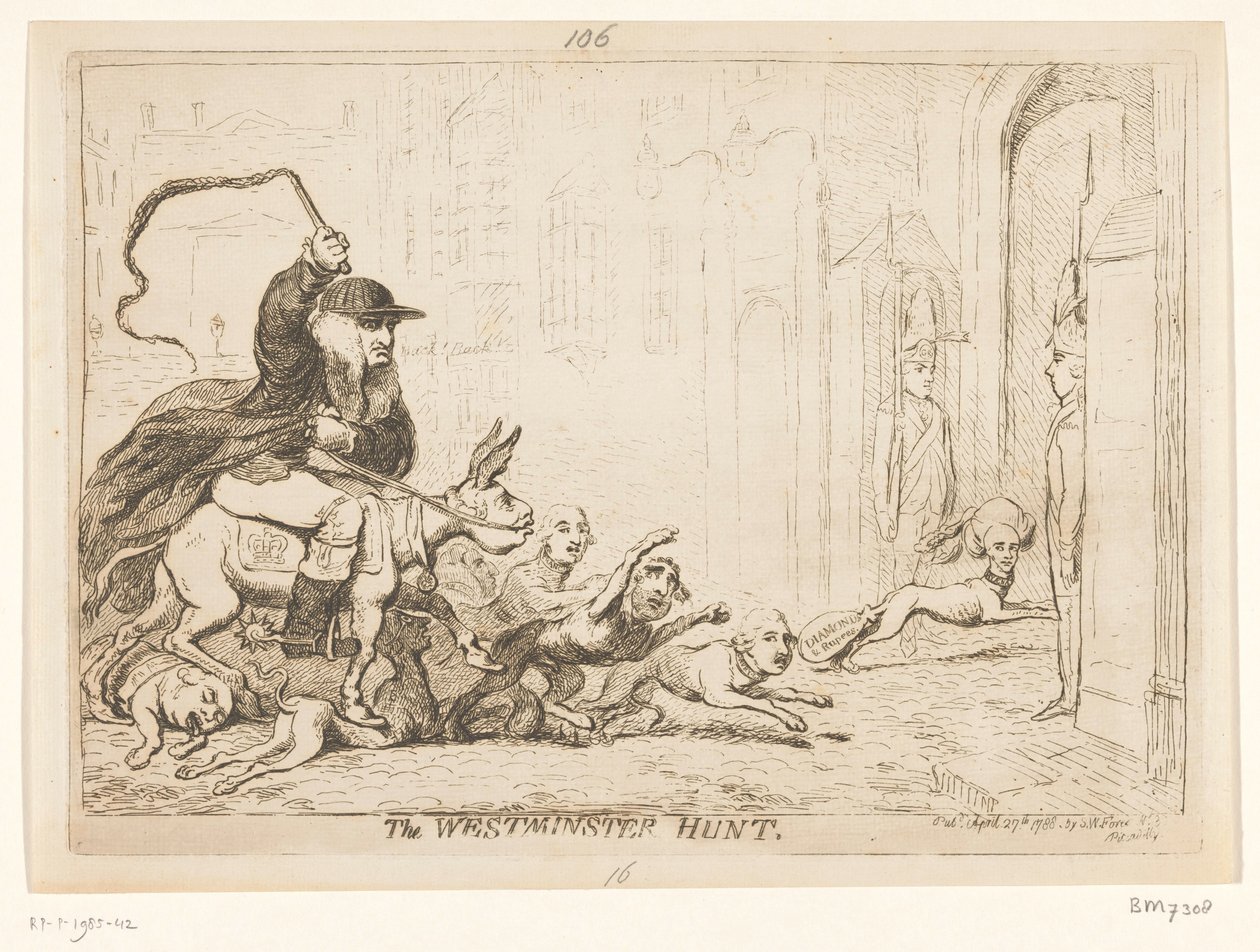 Tegneserie om Warren Hastings, 1788 The Westminster Hunt (tittel på objekt) av James Gillray