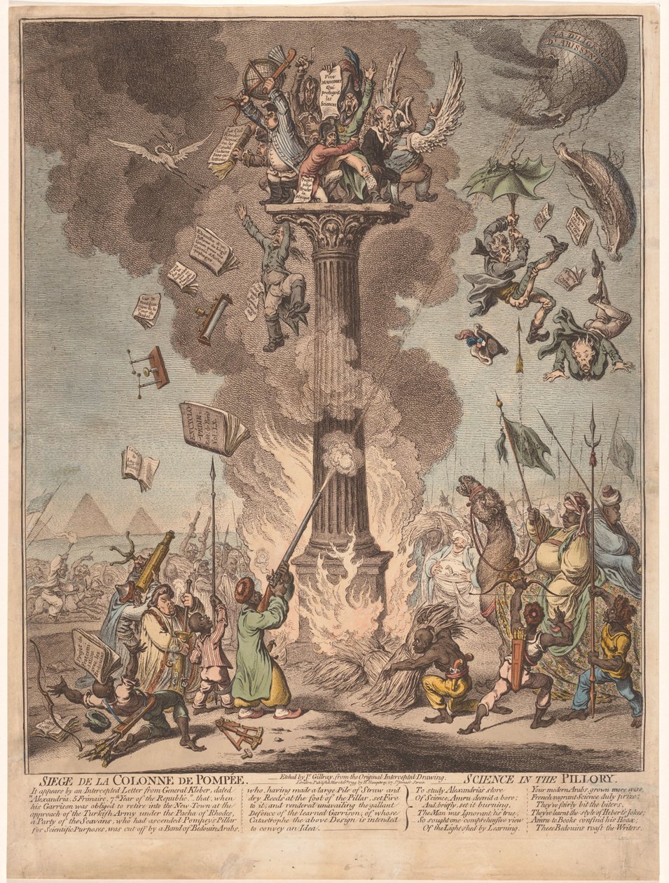 Tegneserie av den franske ekspedisjonen til Egypt, 1799 Siege de la Colonne de Pompee / Science in the pillory (tittel på objekt) av James Gillray
