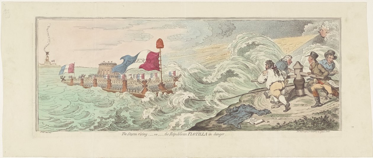 Tegneserie om de franske planene for en invasjon av England, 1798 Stormen stiger - eller - den republikanske flottiljen i fare (tittel på objekt) av James Gillray