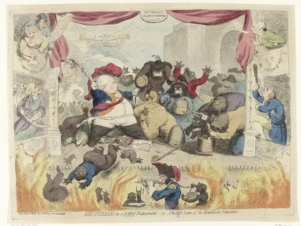 Tegneserie av panikken blant patriotene etter utvinningen av stadholder William V, 1787 Amsterdam i en vanskelig situasjon, - eller - The Last Scene of the Republican Pantomime (tittel på objekt) av James Gillray