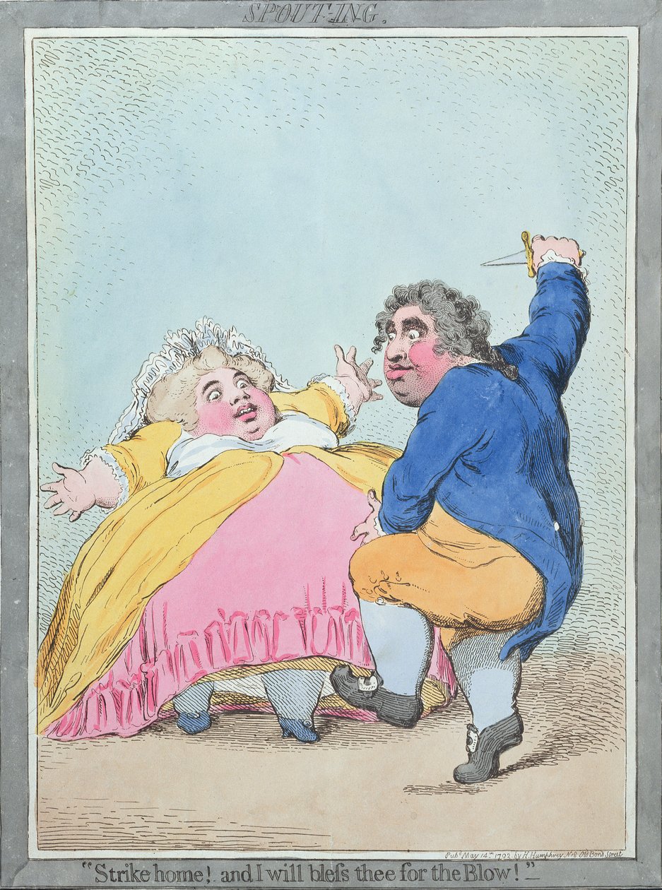 Spouting, utgitt av Hannah Humphrey i 1792 (håndkolorert etsning) av James Gillray