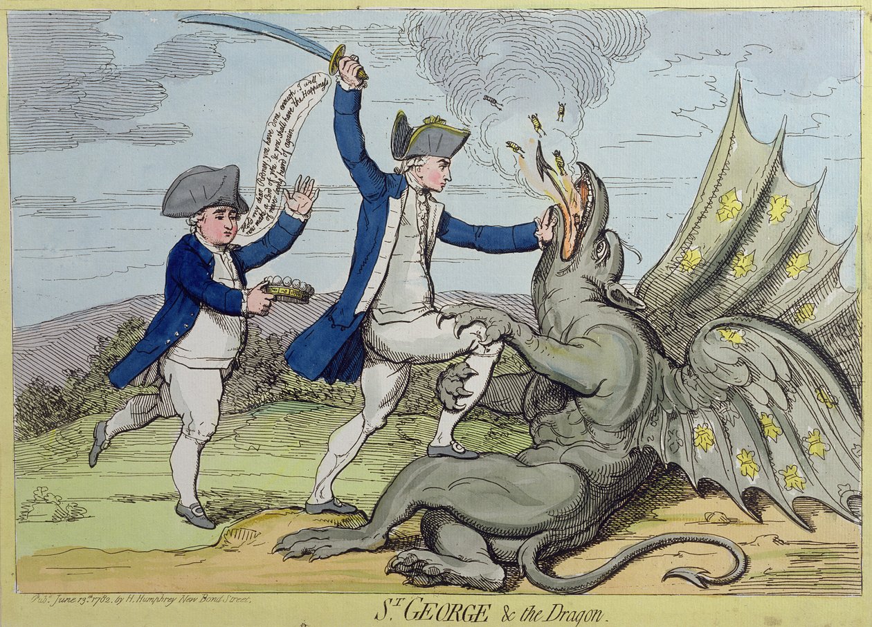 St. George and the Dragon, utgitt av Hannah Humphrey i 1782 (håndfarget etsning) av James Gillray