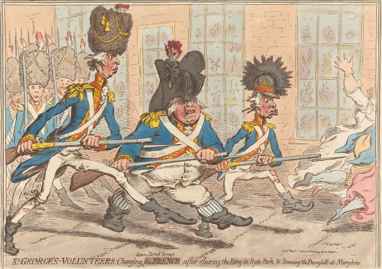 Sankt Georgs frivillige stormer ned Bond Street etter å ha ryddet ringen i Hyde Park og inntar møkkhaugen i Marybone av James Gillray