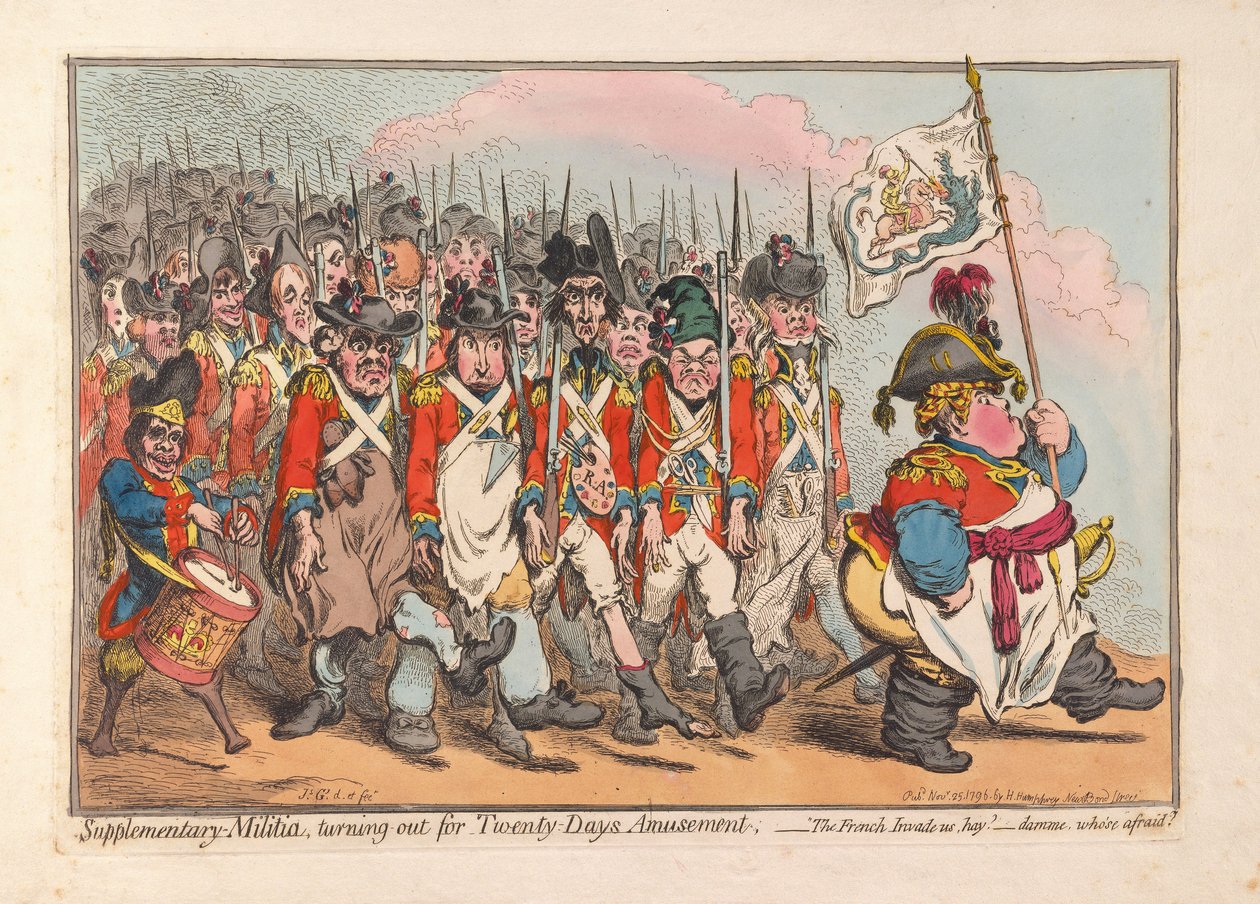 Supplementary Militia, dukker opp for Twenty Days Amusement, pub. 1796 (håndfarget gravering) av James Gillray